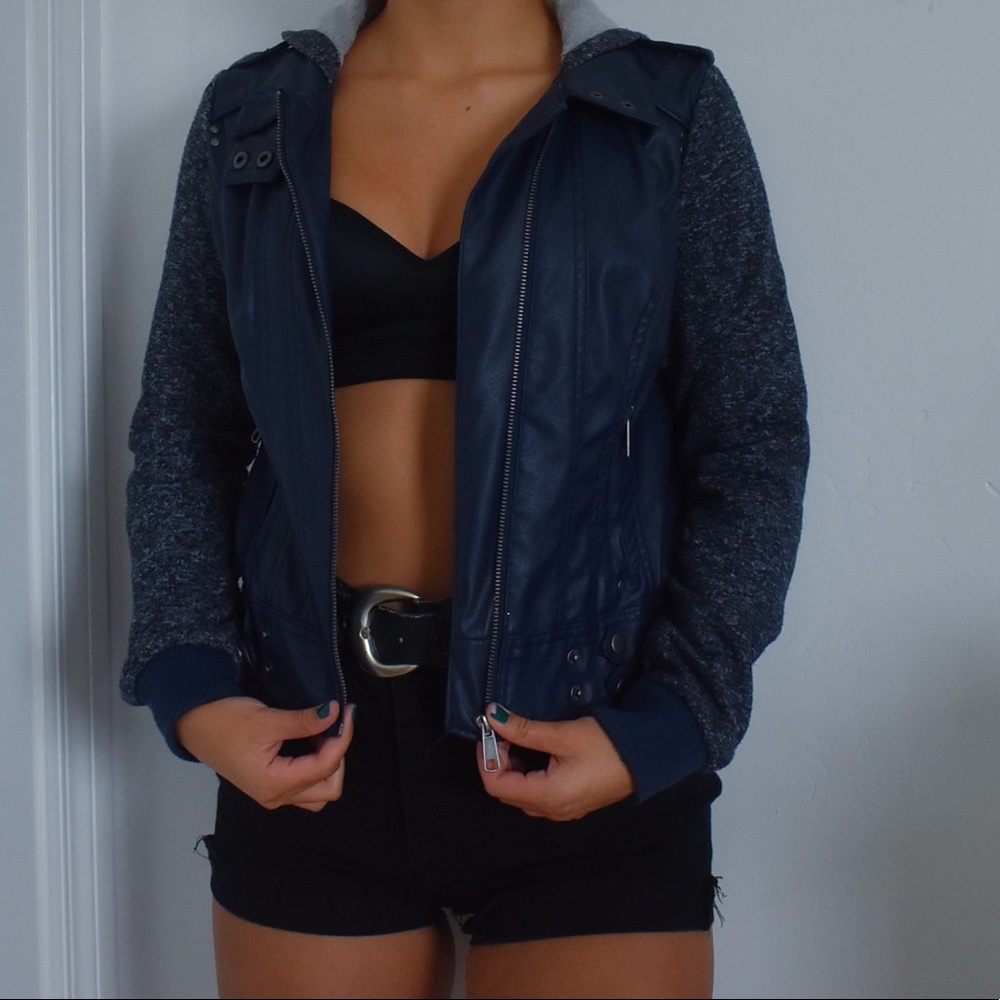 Pleather Navy Blue Jacket with Fleece Sleeves